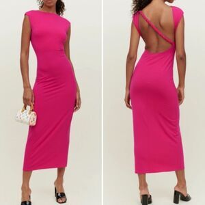 Reformation Nili Dress In Corvette Elegant Pink Boatneck Cap-sleeve Braid